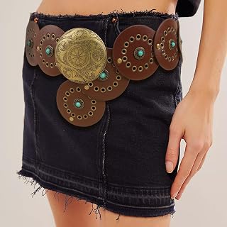 Western Leather Belt for Women Concho Cowgirl Cowboy Disc Belt Ladies Wide Boho Country Waist Belt for Dress