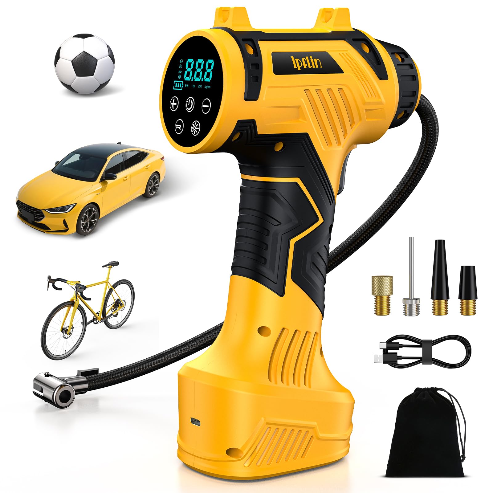 Ipflin Tyre Inflator Cordless Digital Pump 150PSI USB-C LED Car/Bike/Moto | USB-