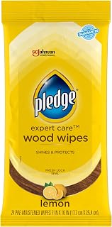 Pledge Expert Care Enhancing Wood Wipes, Lemon Scent, 24 Count, white | Polishes, Protects, and Shines Wood, Stainless Steel, Granite, and Sealed Surfaces, Removes Dust & Messes, No Waxy Build Up
