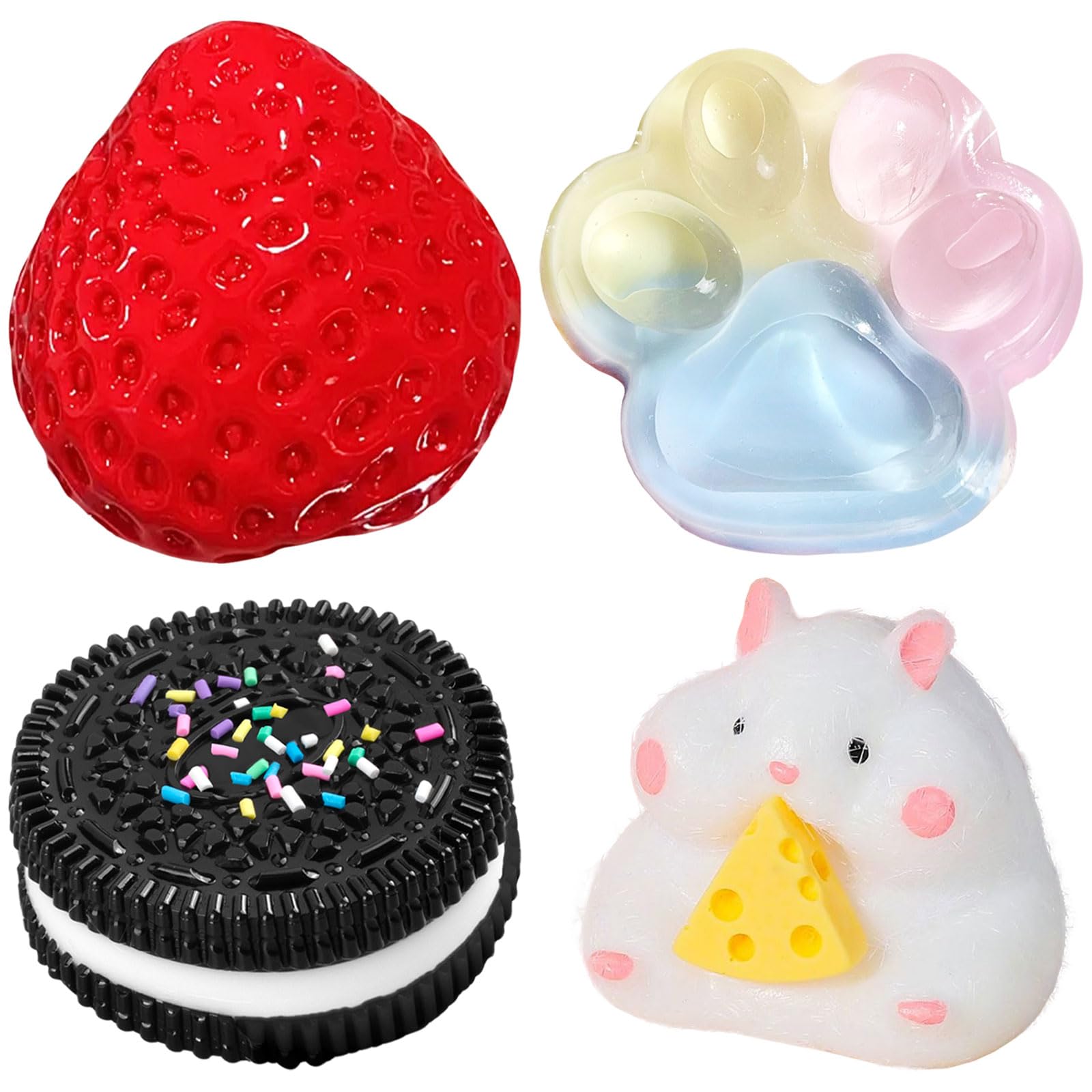 SSKHE 4Pcs Taba Squishy Set,Strawberry + Hamster + Cat Paw + Hamster, Fufu Squis
