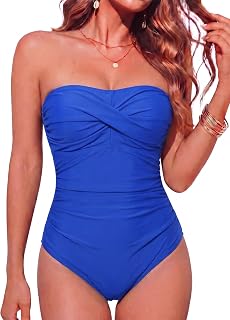 Smismivo Women's Strapless Swimsuit with Vintage Retro One Piece Swimsuit for Women Slim Elegant Tummy Control Swimsuit