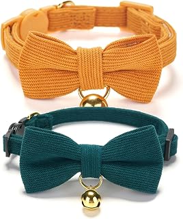 Ewinoom 2 Pack Soft Corduroy Cat Collars with Bow Tie & Bell Adjustable Breakaway Bowtie Kitten Collar for Girl Boy Kittens(Orange & Dark Green)