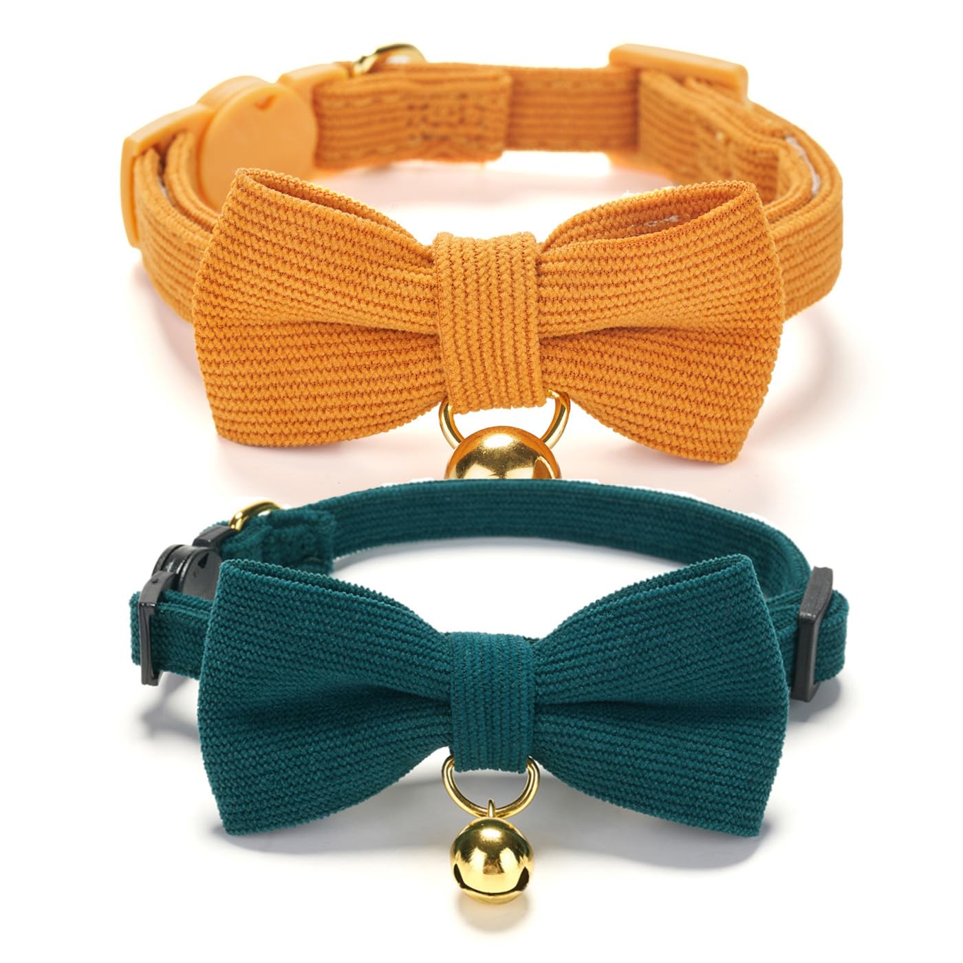 Ewinoom 2 Pack Soft Corduroy Cat Collars with Bow Tie & Bell Adjustable Breakawa