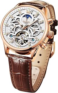 OLEVS Men's Watch Moon Phase Analog Quartz Casual Dress Leather Strap 30ATM Waterproof Cool Style Wrist Watch for Men, Brown Leather & White Face, Skeleton watch, mechanical