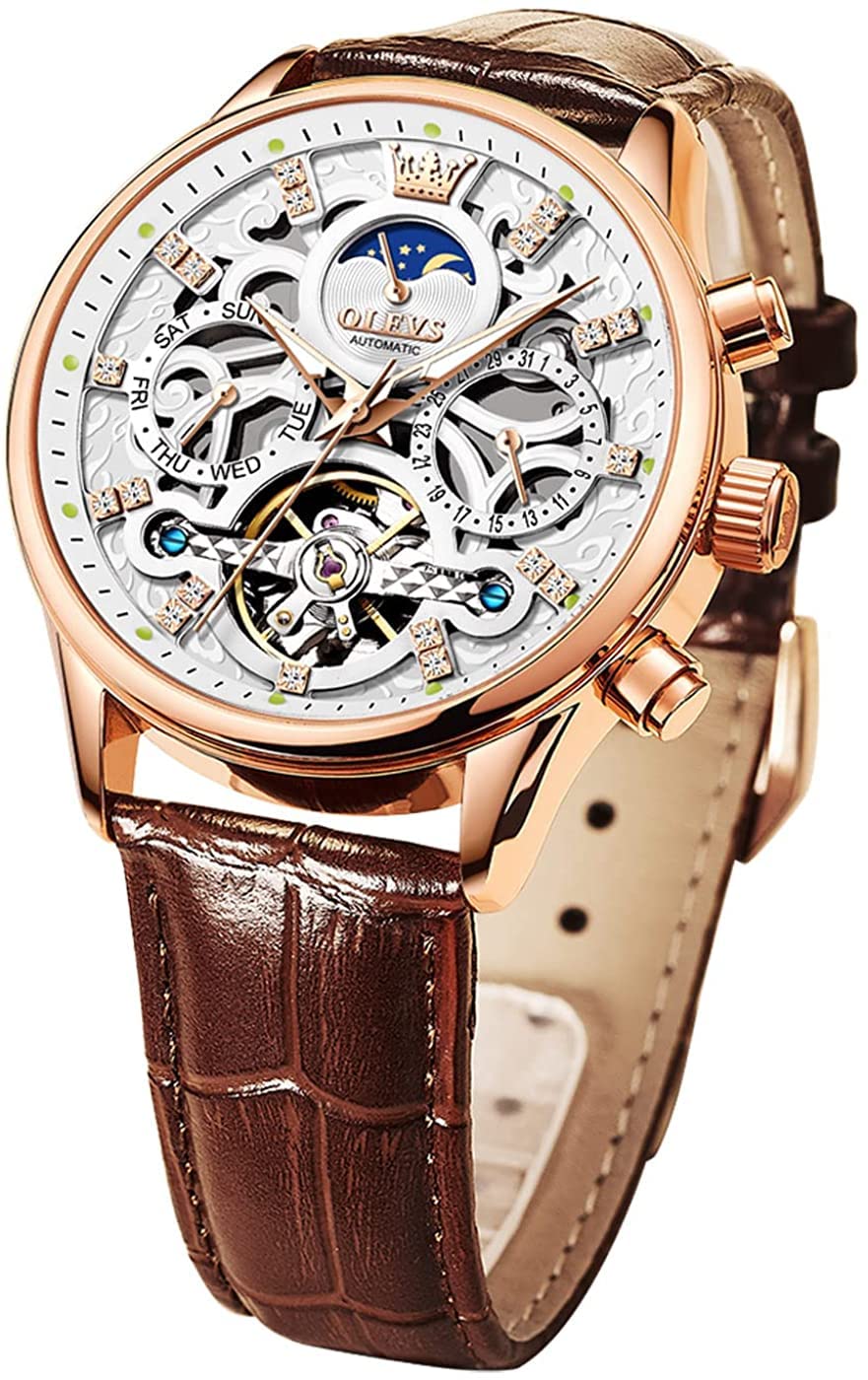 OLEVS Men's Watch Moon Phase Analog Quartz Casual Dress Leather Strap 30ATM Wate