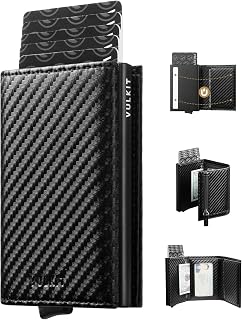 VULKIT Credit Card Holder RFID Blocking Mens Leather Bifold Card Wallet Automatic Pop Up for 9 Cards with ID Window & Coin Pocket