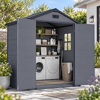 Aoxun 6x4FT Plastic Shed with Floor Included, All-Weather Resin Garden Storage Shed, Sheds and Outdoor Storage & Lockable Doors & Slooping Roof & Vents, Zero Maintenance for Backyard Garden Bike-Black