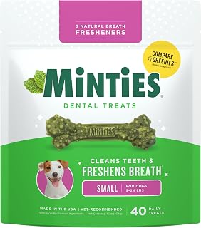 Minties Dog Dental Bone Treats, Tiny/Small 5-25 lbs, 40 Ct | Vet-recommended mint dental bone; scrubs teeth as dogs chew; fights plaque, tartar & bad breath; no soy/wheat/corn