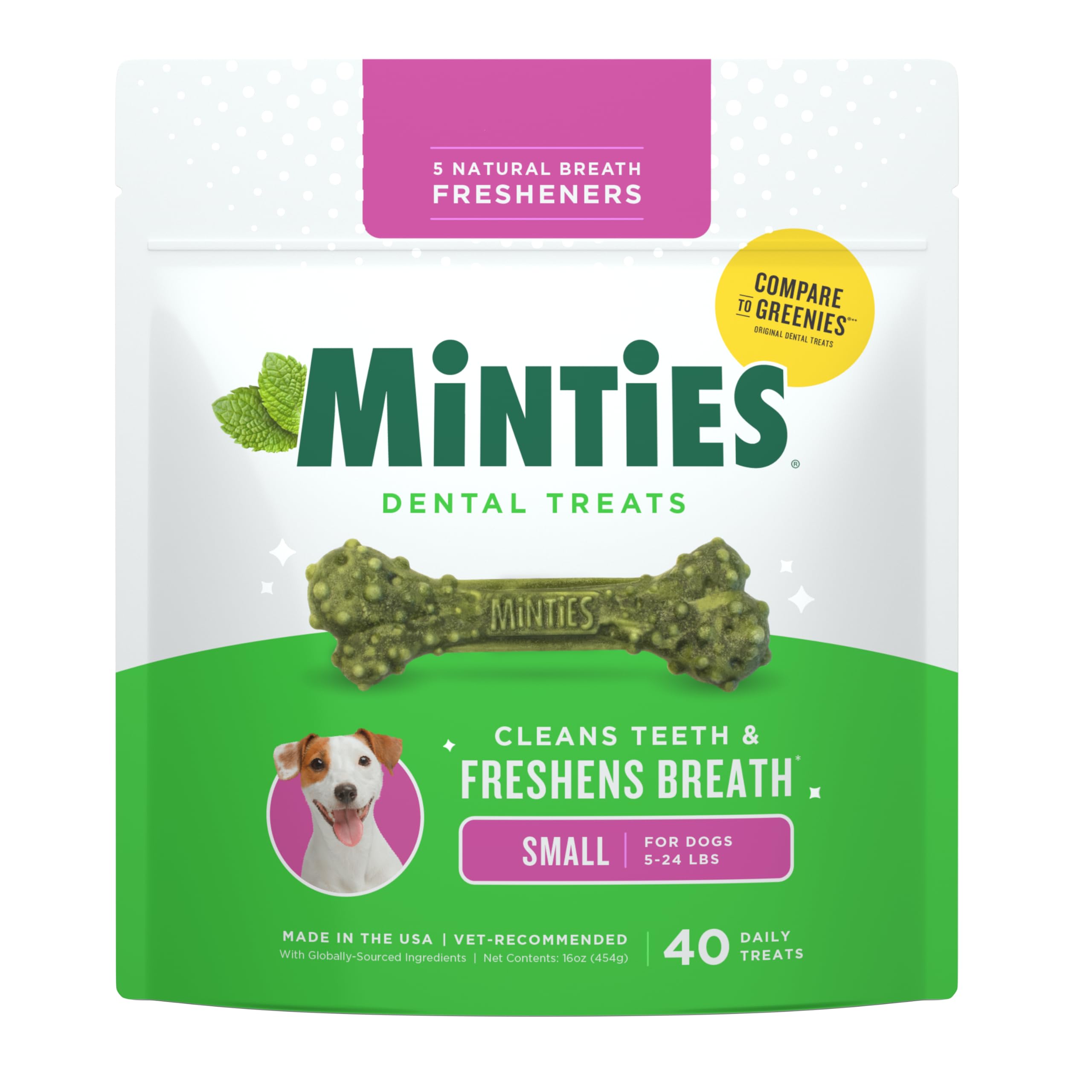 Minties Dog Dental Bone Treats, Tiny/Small 5-25 lbs, 40 Ct | Vet-recommended min