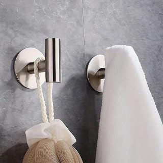 Brushed Nickel Stainless Steel Towel Hooks - Heavy Duty Waterproof Self Adhesive Coat Hooks for Bathroom & Kitchen (Silver, 1 Pack)