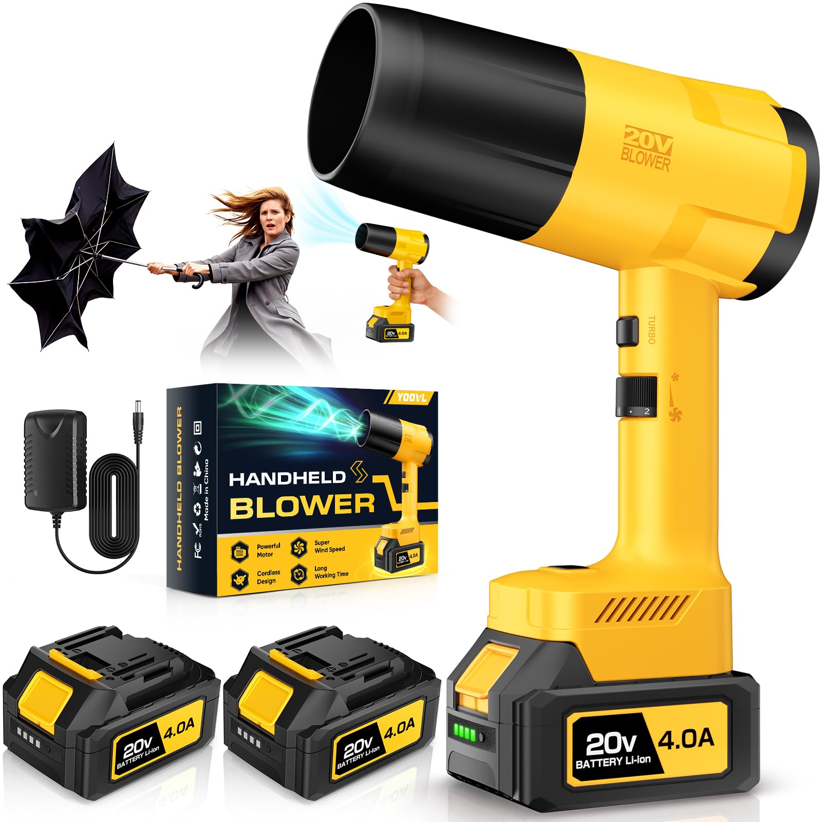 Cordless Leaf Blower, Hand held Leaf Blower with Two 4.0Ah Battery and Charger, 