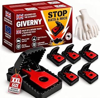 GIVERNY XXL Rat Traps for Rats & Mice (6 Pack) – Extra Large, Powerful & Reusable Snap Traps, Poison-Free Rodent Control, with Free Gloves – Indoor & Outdoor