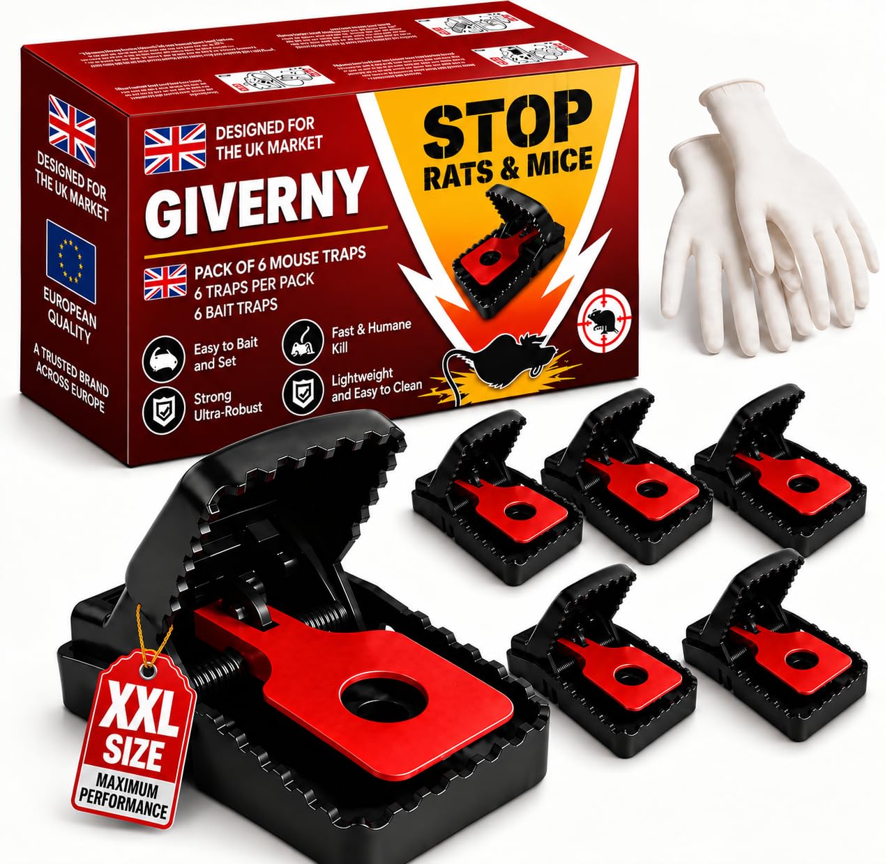 GIVERNY XXL Rat Traps for Rats & Mice (6 Pack) – Extra Large, Powerful & Reusabl