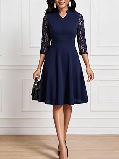Women Semi Formal Fit and Flare 3/4 Sleeve Floral Lace A-line Church Dress