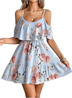 SOLY HUX Women's Summer Floral Mini Dress Cold Shoulder Ruffle Dresses