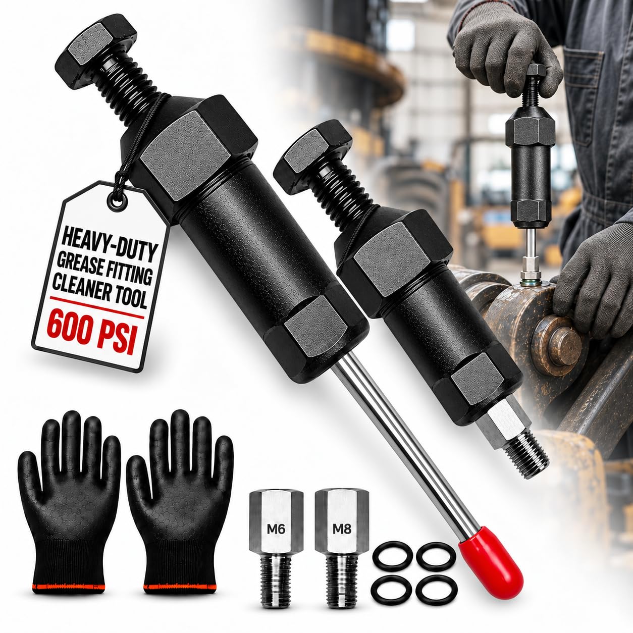 Industrial Grease Unclogger, Grease Fitting Cleaning Tool with Adapters | Up to 