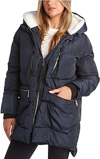 Steve Madden Womens Winter Jacket, Midlength Puffer Parka Coat, Sherpa Hood