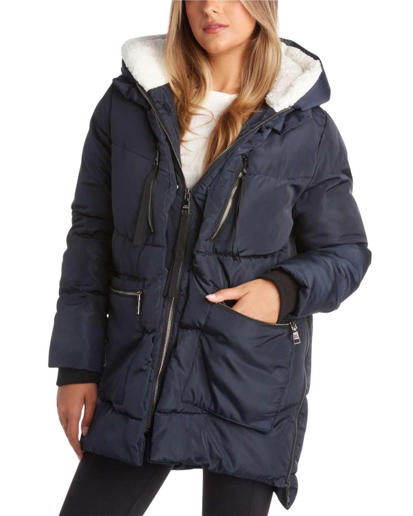 Steve Madden Womens Winter Jacket, Midlength Puffer Parka Coat, Sherpa Hood