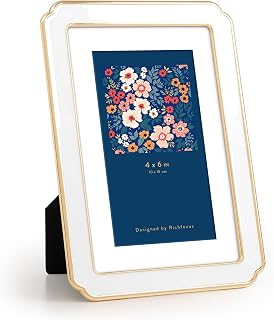RICHFOCUS 4x6 Enamel Picture Frame with HD-Tempered Glass, Display 3x5 Photo with Mat, Ornate Photo Frame with Metal Edge & Velvet Back for Tabletop & Wall Mount Vertically or Horizontally, White