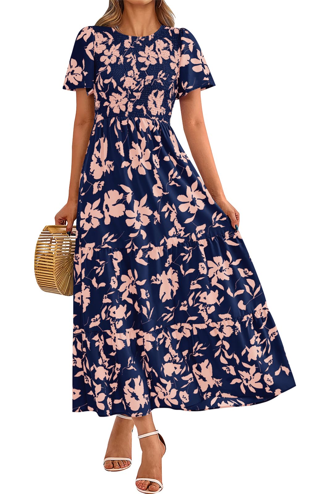 PRETTYGARDEN Women's Smocked Top Summer Dresses for Women 2025 Short Sleeve Flor