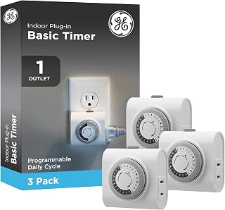 GE 24‑Hour Plug-in Mechanical Timer Outlet, 1 Polarized Outlet, 3 Pack | Plug-in Control for Indoor Lighting, Lamps, Christmas Trees, Manual Override Switch, 30-Minute Intervals