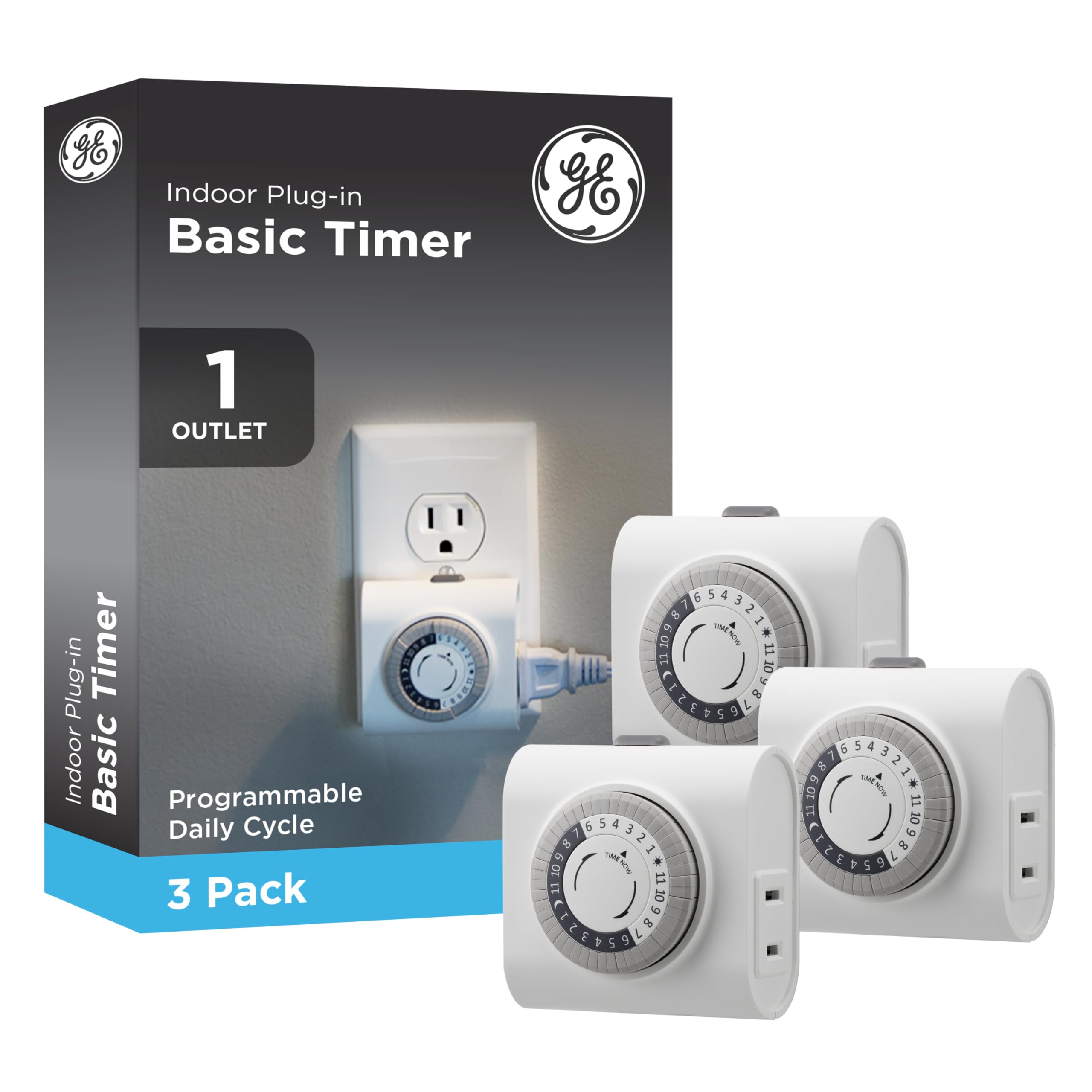 GE 24‑Hour Plug-in Mechanical Timer Outlet, 1 Polarized Outlet, 3 Pack | Plug-in