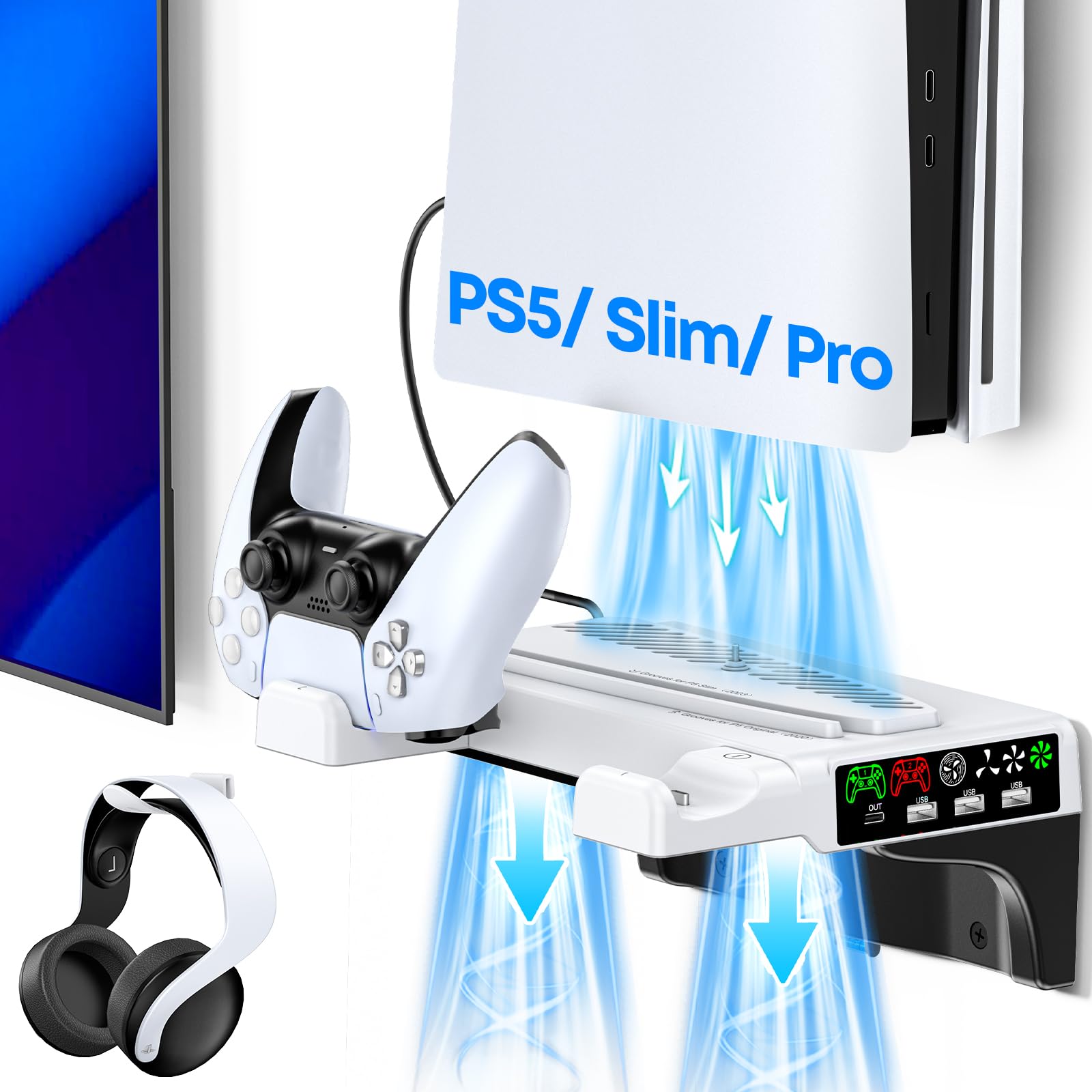 PS5/Slim/Pro Wall Mount Kit with Cooling Fan & Charging Station, PS5 Shelf Float