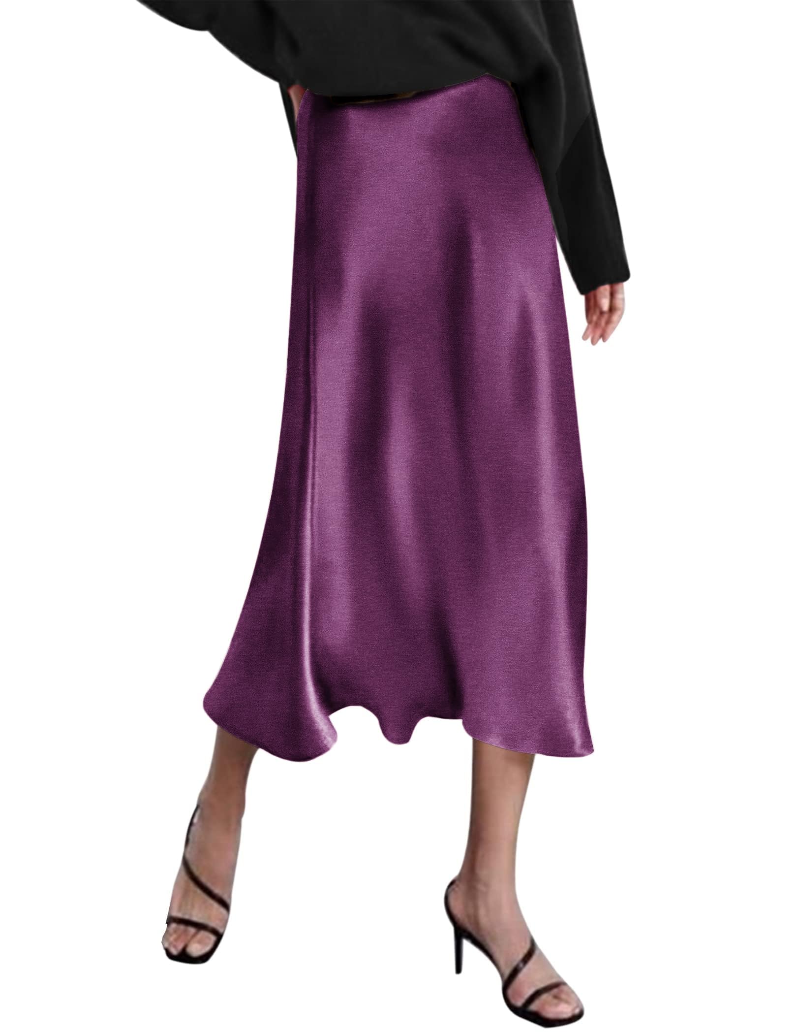 Zeagoo Women's High Waist Solid Satin Midi Skirt Dress Zipper Elegant Summer Ski