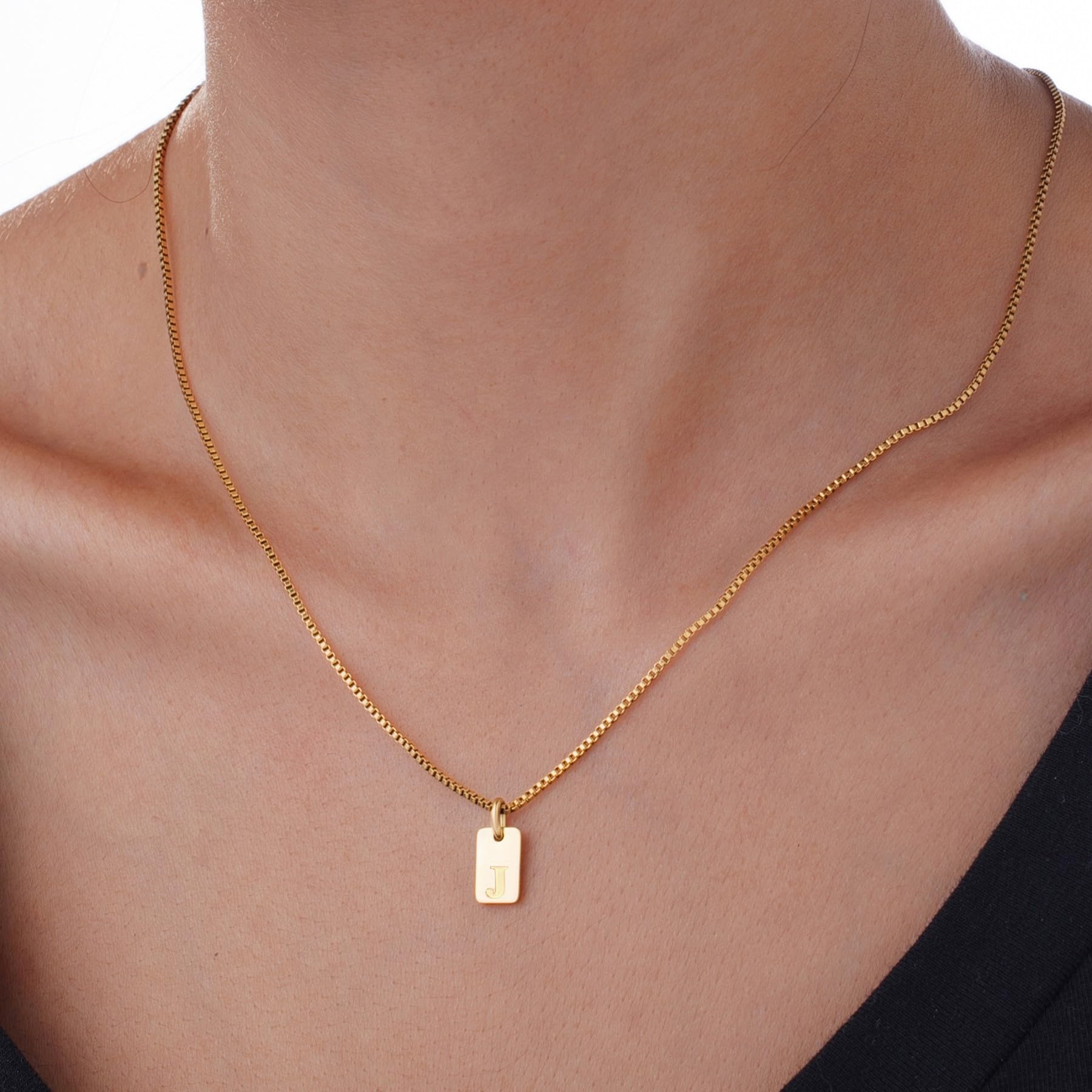 Gold Plated Square Initial Necklace Waterproof A-Z Letter Pendant on Thin Chain 