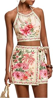 SweatyRocks Women's Tropical Halter Top and Shorts 2 Piece Vacation Outfits