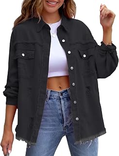 Ripped Denim Jacket for Women - Long Sleeve Boyfriend Distressed Loose Denim Jacket, Trucker Style Broken Denim Jacket with Metal Button