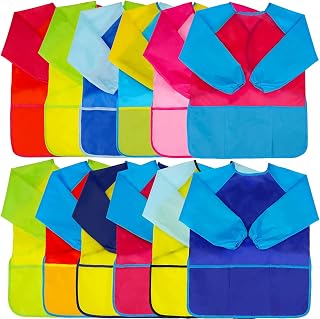 Zkptops 12 Pack Kids Art Smocks Waterproof Painting Apron,Toddler Smock | Kids Paint Smocks,Long Sleeve 3 Roomy Pockets,Washable Toddler Paint Apron for Boys Girls Age 3-7 Years,School Supplies