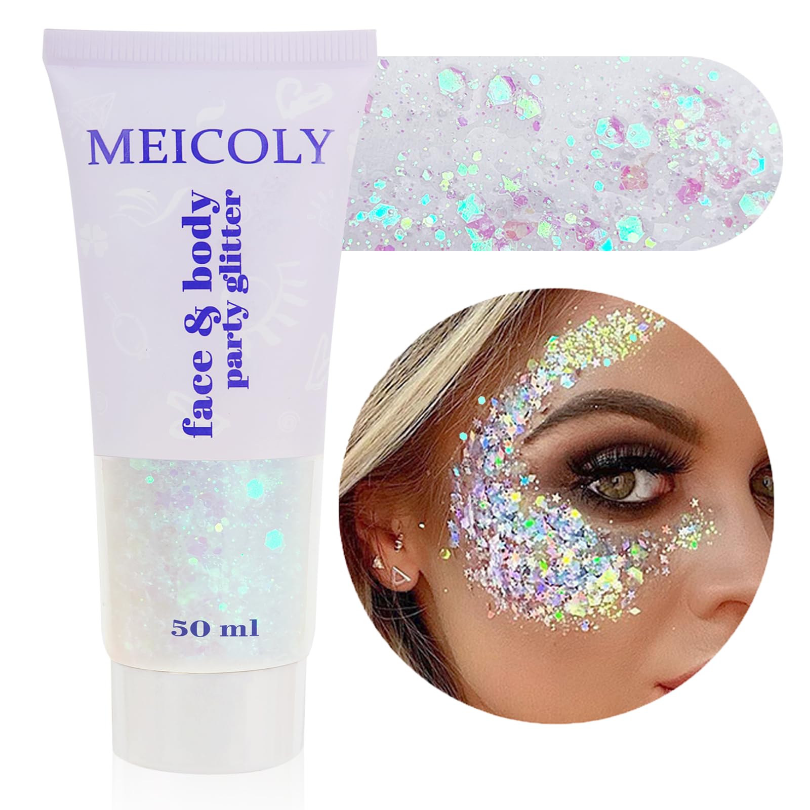 MEICOLY Clear White Face Body Glitter,Mardi Gras Face Glitter Makeup for Kids Wo