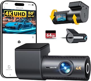 4K Dash Cam Front and Rear with 64GB SD Card, 5GHz WiFi, 24H Parking Mode | Car Camera with 1.5-Inch IPS Display, G-Sensor, Night Vision, 170° Wide-Angle Coverage, Loop Recording and App Control