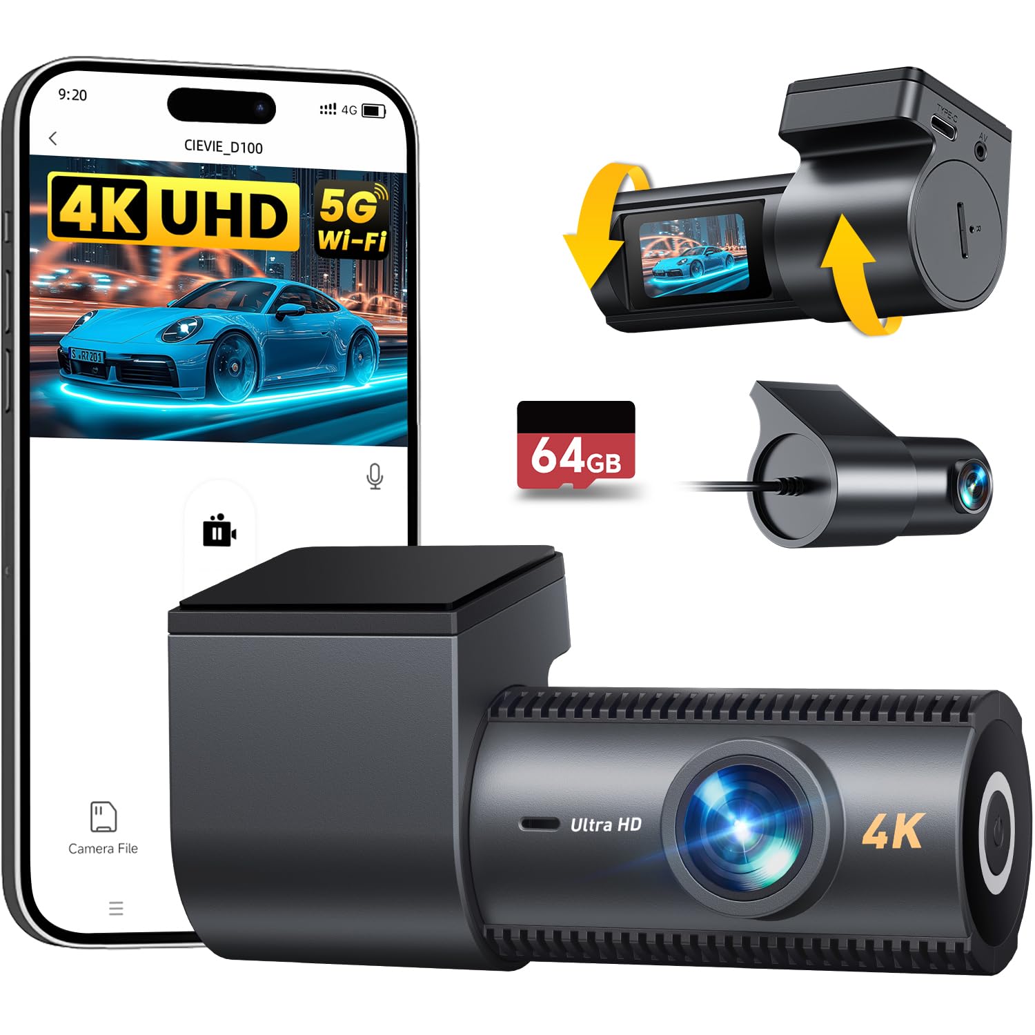 4K Dash Cam Front and Rear with 64GB SD Card, 5GHz WiFi, 24H Parking Mode | Car 