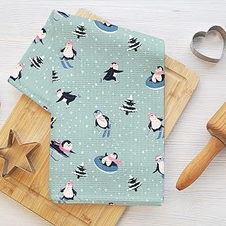 Cute Penguin Skiing Kitchen Towels for Home Kitchen Bathroom, Dish Cloths for Washing Dishes, Soft Absorbent Microfiber Hand Tea Towel, Penguin Gifts for Women Mom