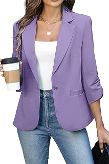 ELLEVEN Women's Ruched 3/4 Sleeve Blazer, Lightweight Fitted Jacket