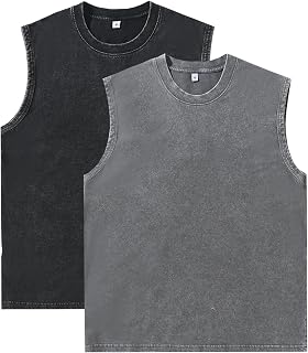 XYKJFIT Mens 1 or 2 Pack Workout Tank Tops Sleeveless Tee Shirts Acid Wash Vintage Cotton Tank Top Loose Tanks S-XXL