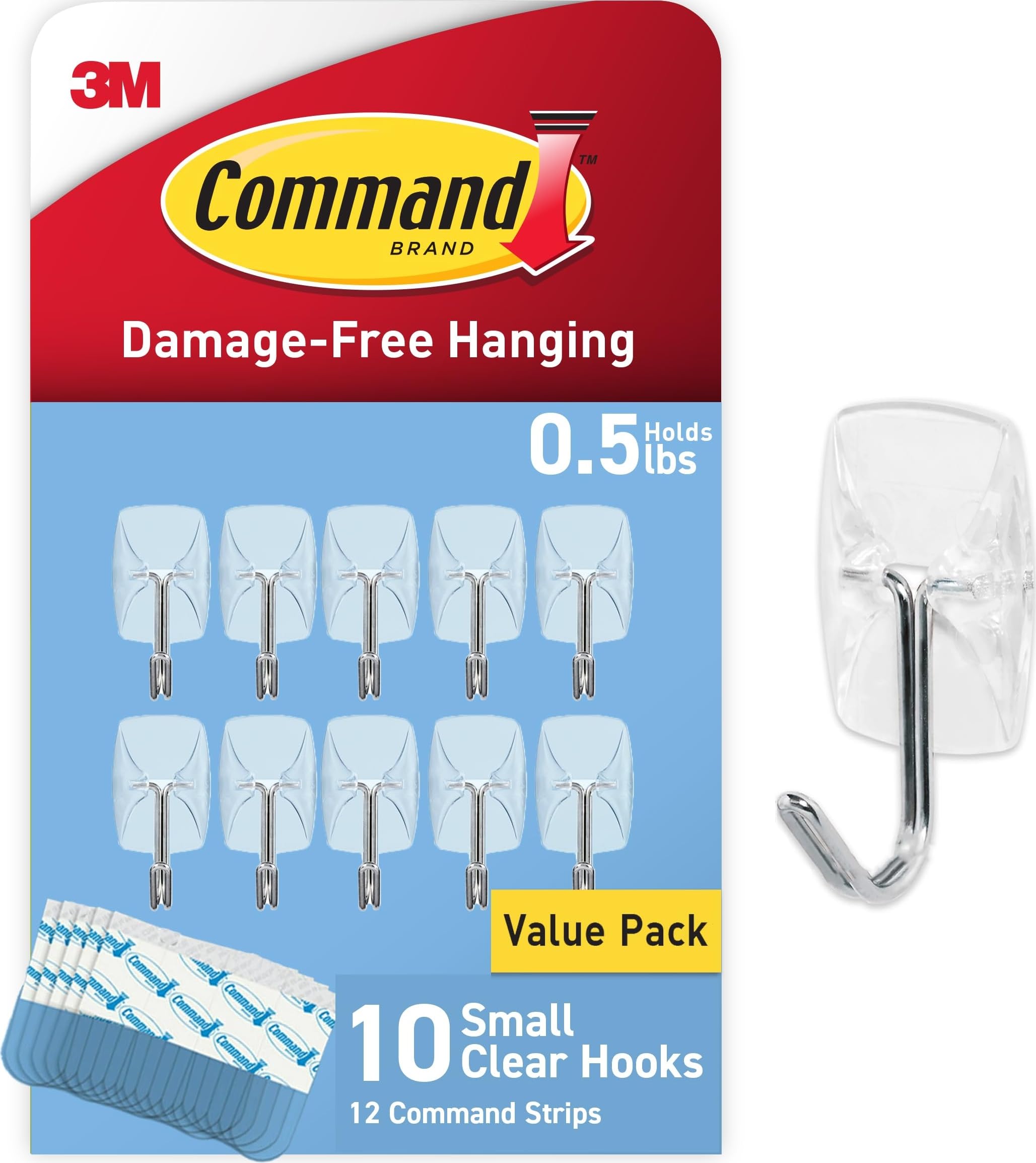 Command Small Clear Wire Hooks, 10 Hooks, 12 Strips | Damage-Free Hanging, No To