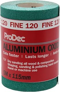 ProDec 5m Roll 120 Grit Fine Grade Green Aluminium Oxide Abrasive Sanding | Paper for Sanding Wood, Paint, Plaster, Filler, Metal and More, 115mm Wide Sandpaper Compatible with Machine Sanders