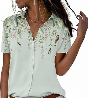 Women's Short Sleeve Button Down Shirts, Collared Floral Camp Shirt Blouse Tops for Casual Work and Vacation