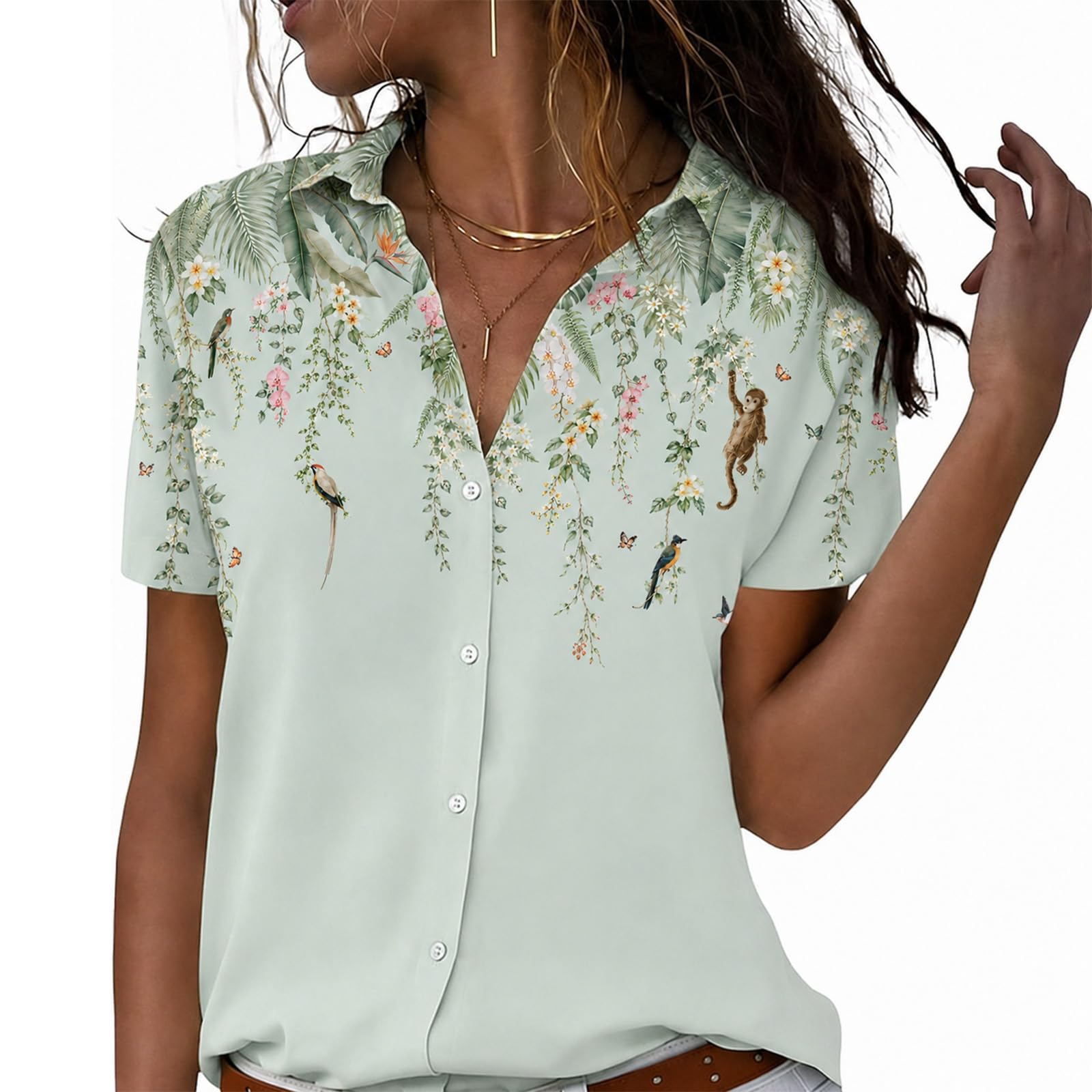 Women's Short Sleeve Button Down Shirts, Collared Floral Camp Shirt Blouse Tops 