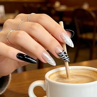 Glossy Black White Zebra French Press Nail Super Long Stiletto False Nails Acrylic Fake Nail Art Tips Manicure Kit