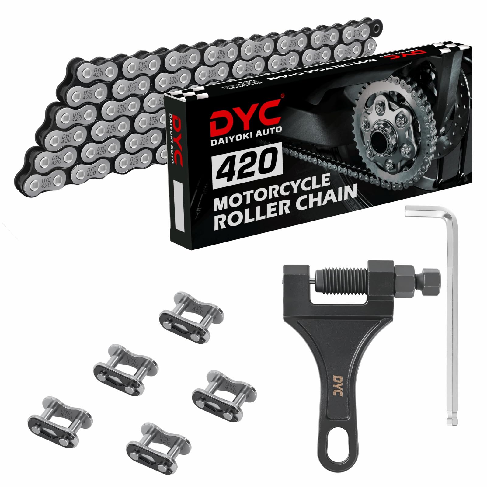DYC 420 Chain 132 Links with 5 Master Links and Chain Breaker Tool | Cut to fit 