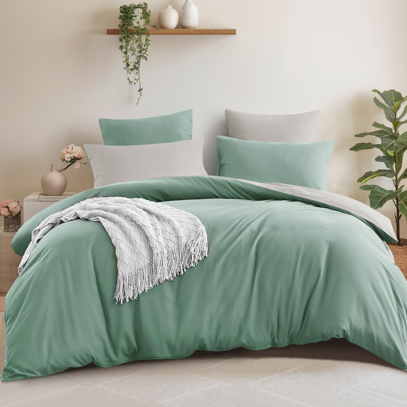 Aisbo Double Size Duvet Cover Set - 3Pcs Reversible Bedding Bed Set Sage Green a