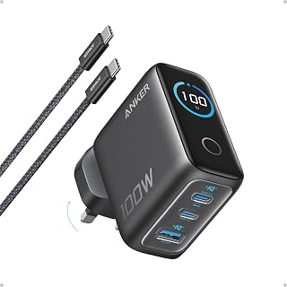 Anker 100W USB C Charger, 3-Port GaN, Smart Display, Touch Control | Ultra-Compact Fast Charger Plug, Laptop Charger for MacBook, iPad, iPhone 17/16/15 Series (USB-C Cable Included)