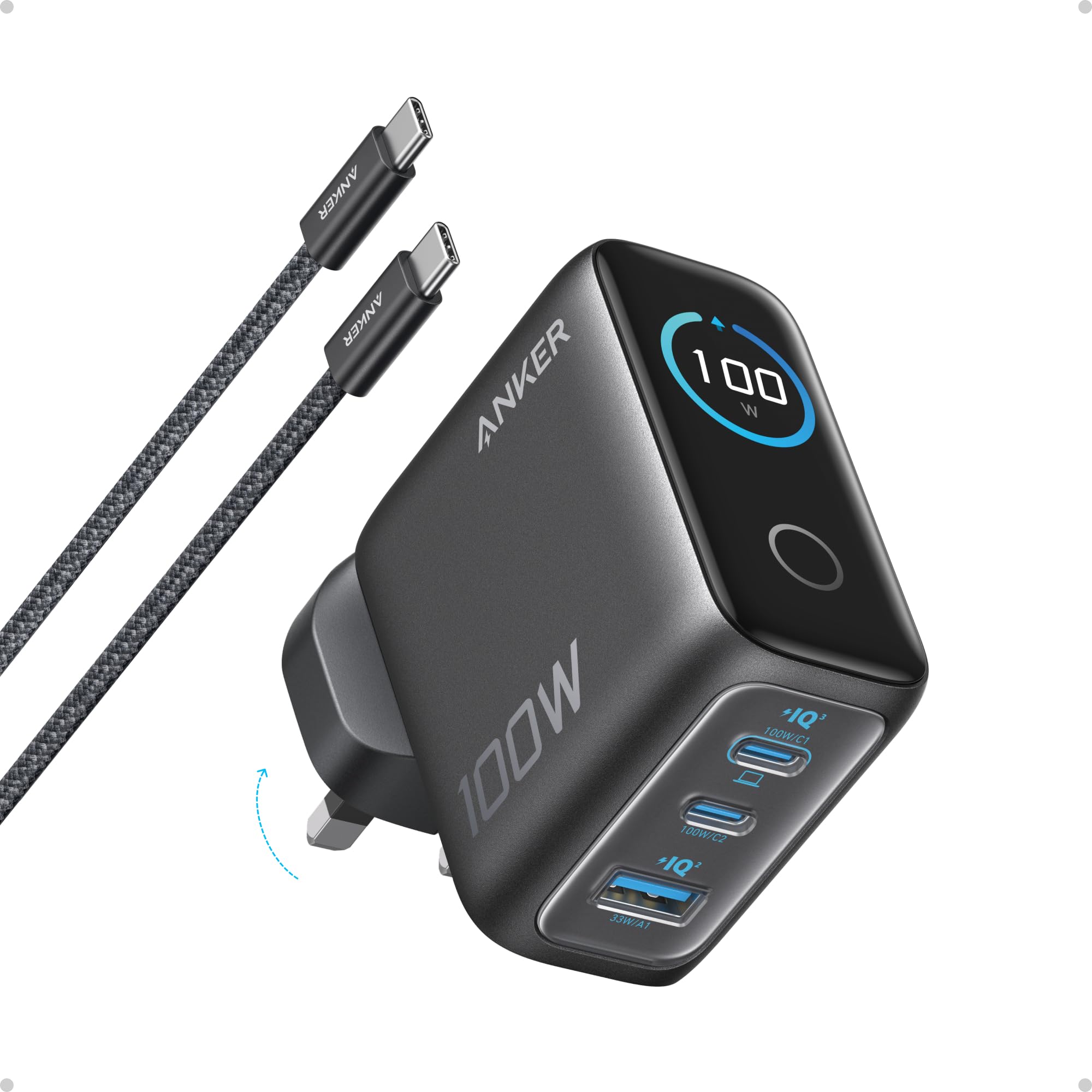 Anker 100W USB C Charger, 3-Port GaN, Smart Display, Touch Control | Ultra-Compa