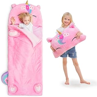 iPlay, iLearn Kids Unicorn Sleeping Bag, Toddler Girl Daycare Plush Nap Mat | 2 In 1 Animal Slumber Bag, Pink Pillow, Happy Travel Sleepover Preschool Birthday Gift for Age 3 4 5 6 7 8 10 12 Child Teens
