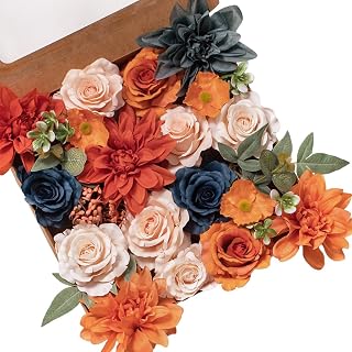 FANKO Fall Artificial Flowers DIY Bouquet Combo Faux Rose for Home Decor | Orange Navy Blush Gray Realistic Mix Fake Silk Flowers for Vase, Floral Arrangement, Centerpieces, Wedding, Party Decoration