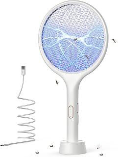 YISSVIC Electric Insect Racket 4000V 1500mAh with Rechargeable Base | Electric Anti-Mosquito Racket Auto Mode Battery Display Against Mosquitoes Flies Flying Insects, White